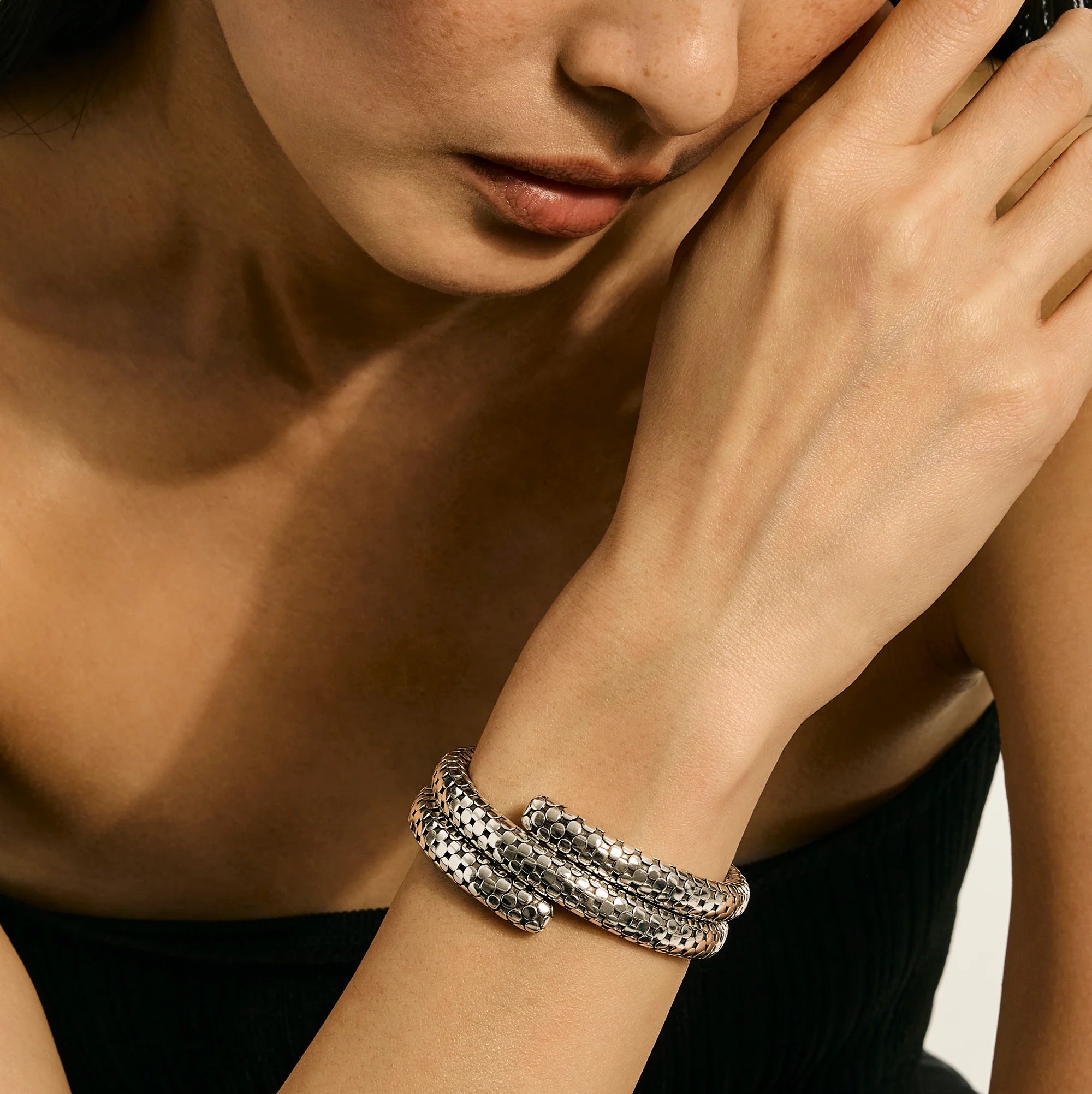 JOHN HARDY DOT STERLING SILVER DOUBLE COIL BRACELET, SIZE MEDIUM