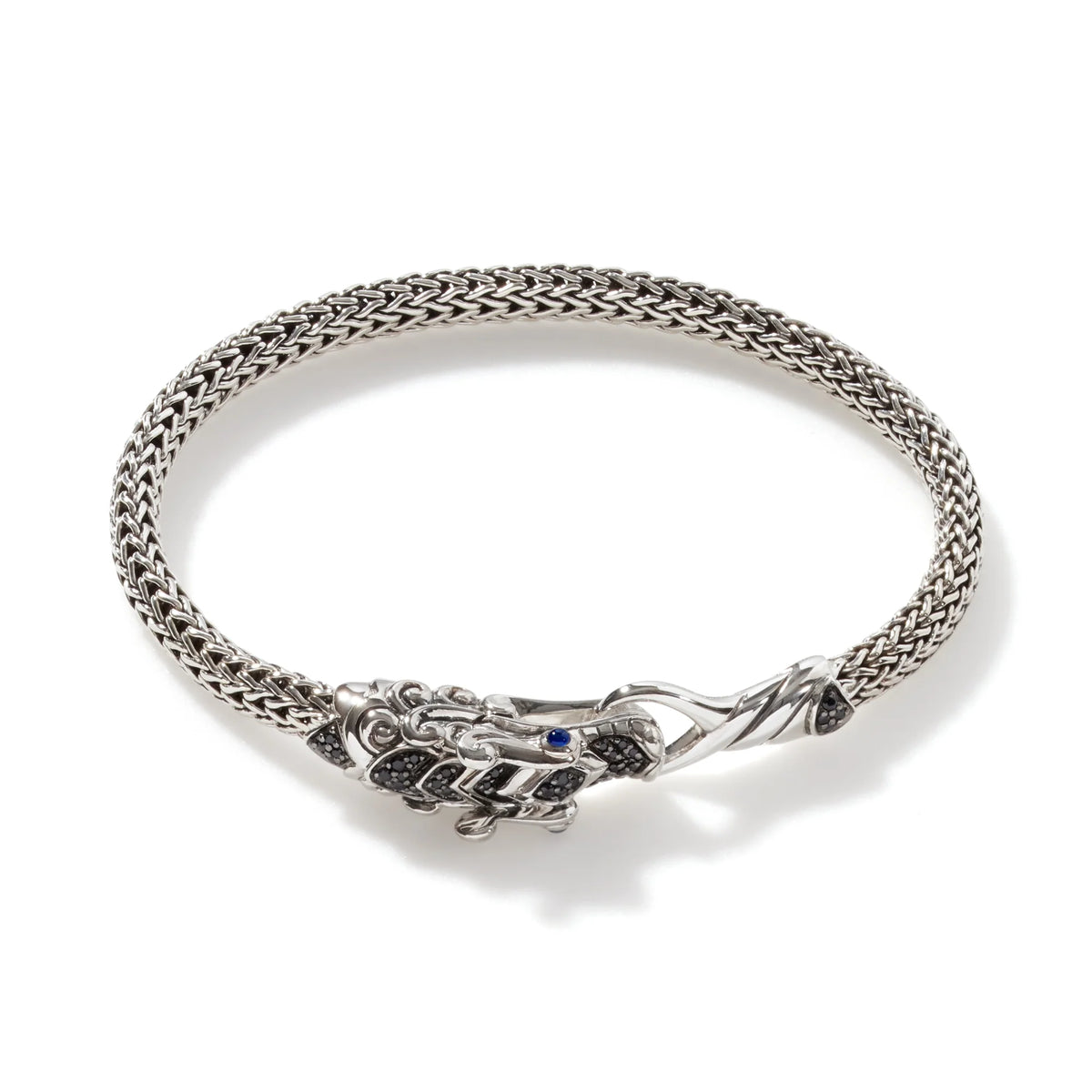 JOHN HARDY STERLING SILVER LEGENDS NAGA 5MM WITH BLACK SAPPHIRE, BLACK SPINEL AND BLUE SAPPHIRE EYES SIZE SMALL