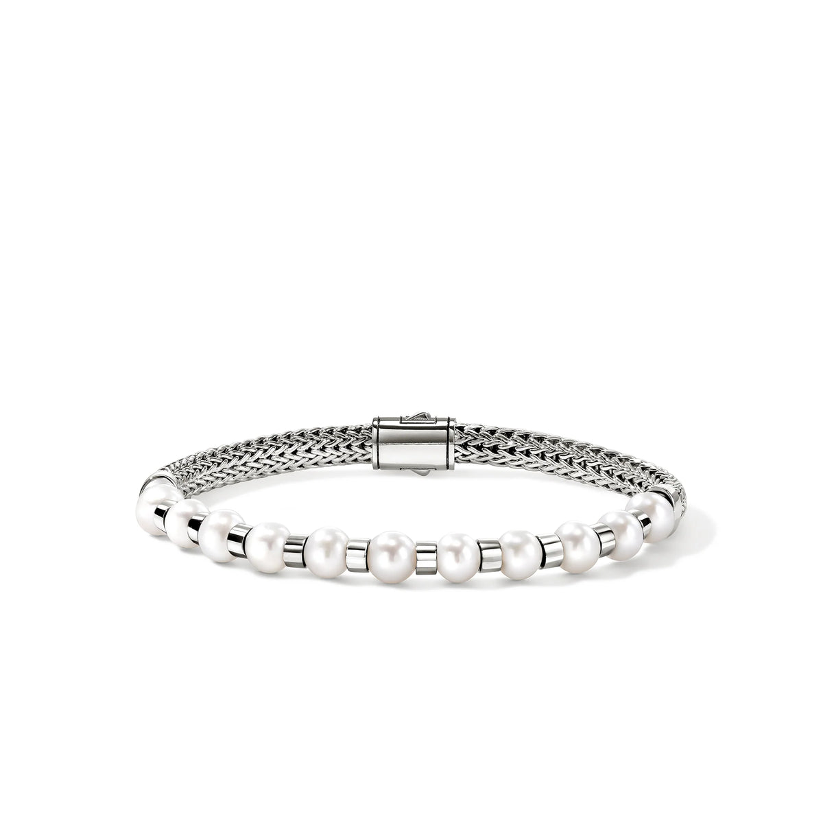 JOHN HARDY ESSENTIALS SILVER PEARL 5MM EXTRA SMALL CHAIN BRACELET WITH 5.5-6MM AND 6-6.5MM CULTURED FRESH WATER PEARLS WITH PUSHER CLASP SIZE M