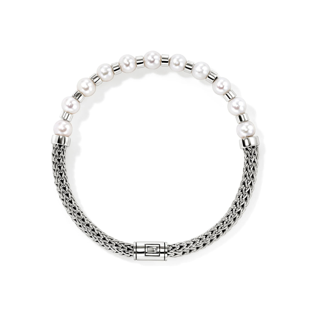 JOHN HARDY ESSENTIALS SILVER PEARL 5MM EXTRA SMALL CHAIN BRACELET WITH 5.5-6MM AND 6-6.5MM CULTURED FRESH WATER PEARLS WITH PUSHER CLASP SIZE M
