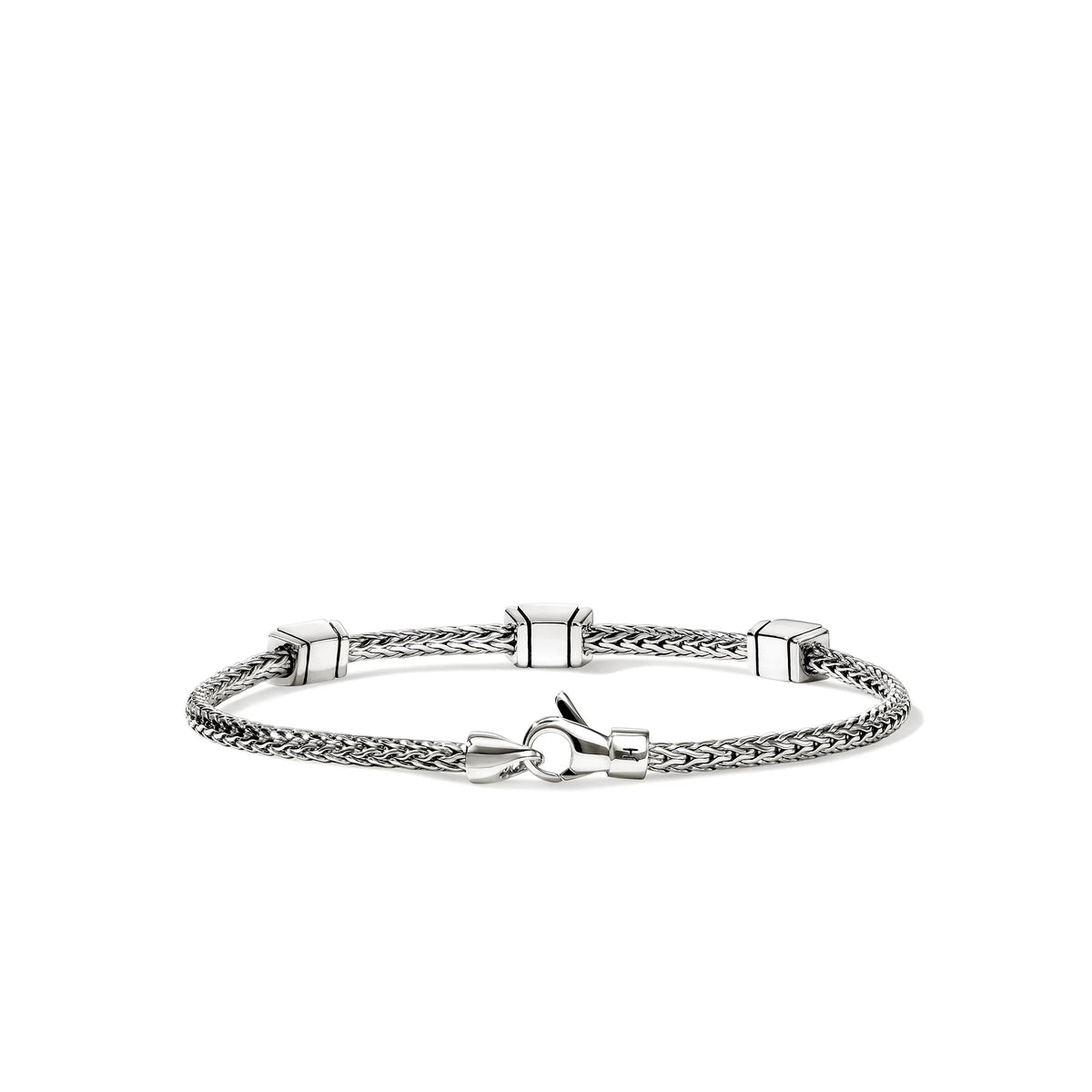 JOHN HARDY ICON STUD SILVER DIAMOND PAVE (0.21CT) 3 STATION ON 2.5MM CHAIN BRACELET WITH LOBSTER CLASP, SIZE S