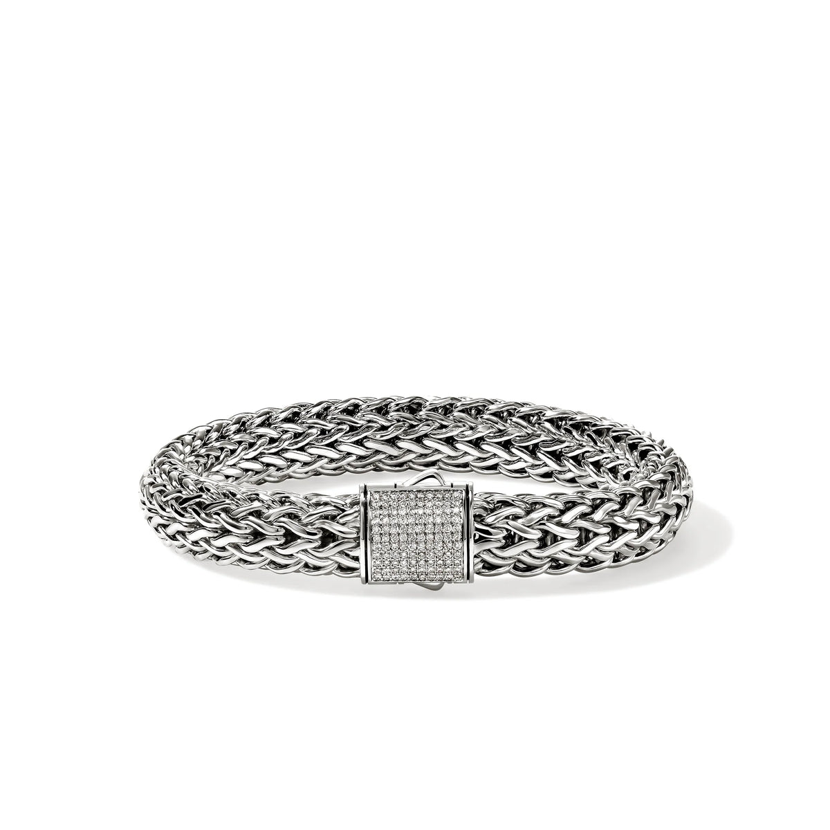 JOHN HARDY ICON 10.5MM STERLING SILVER BRACELET WITH DIAMOND PUSHER CLASP 0.55CT TW. SIZE MEDIUM