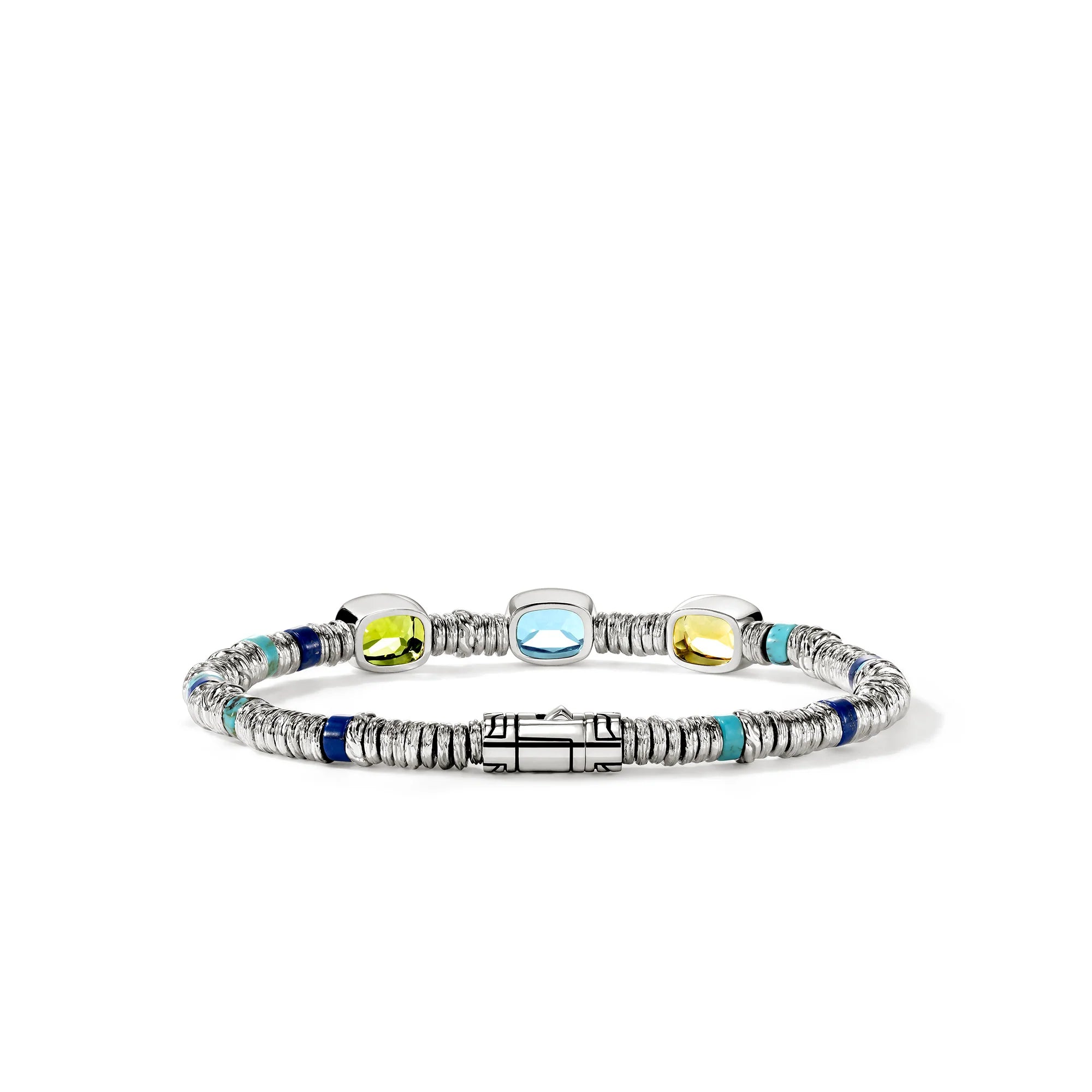 JOHN HARDY HESHI STERLING SILVER BEAD BRACELET WITH 8X6MM PERIDOT, TREATED SKY BLUETOPAZ, LEMON QUARTZ, AND 4MM LAPIS AND TREATED TURQUOISE BEADS WITH PUSHER CLASP. SIZE MEDIUM