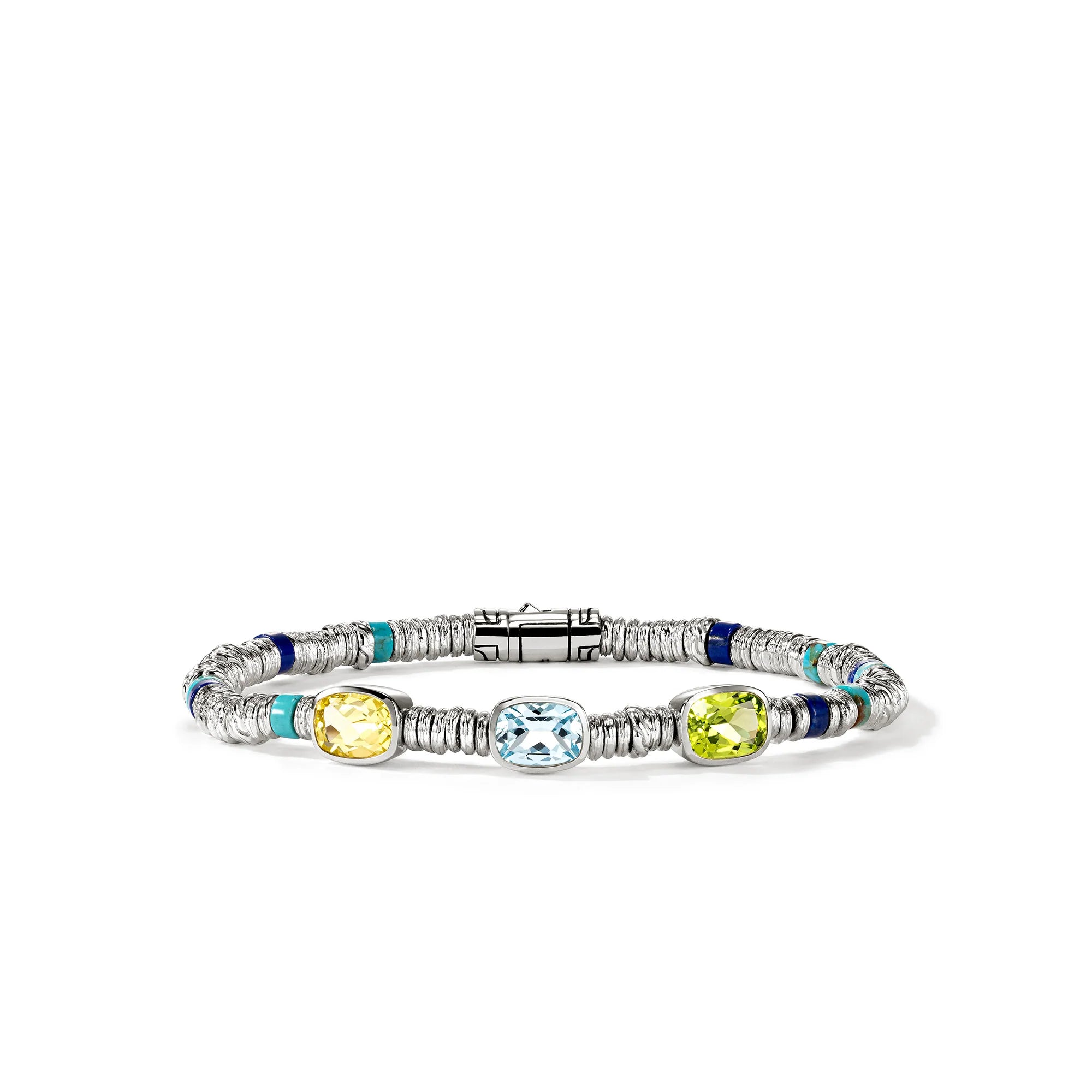 JOHN HARDY HESHI STERLING SILVER BEAD BRACELET WITH 8X6MM PERIDOT, TREATED SKY BLUETOPAZ, LEMON QUARTZ, AND 4MM LAPIS AND TREATED TURQUOISE BEADS WITH PUSHER CLASP. SIZE MEDIUM
