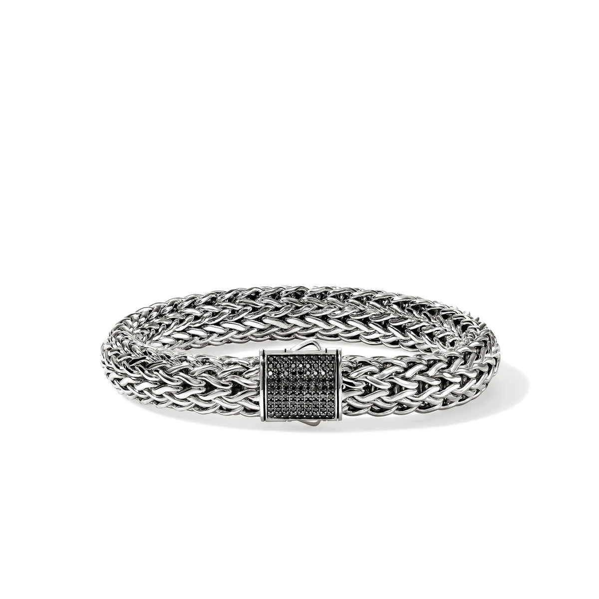 JOHN HARDY ICON 10.5MM STERLING SILVER BRACELET WITH TREATED BLACK SAPPHIRE PUSHER CLASP. SIZE MEDIUM