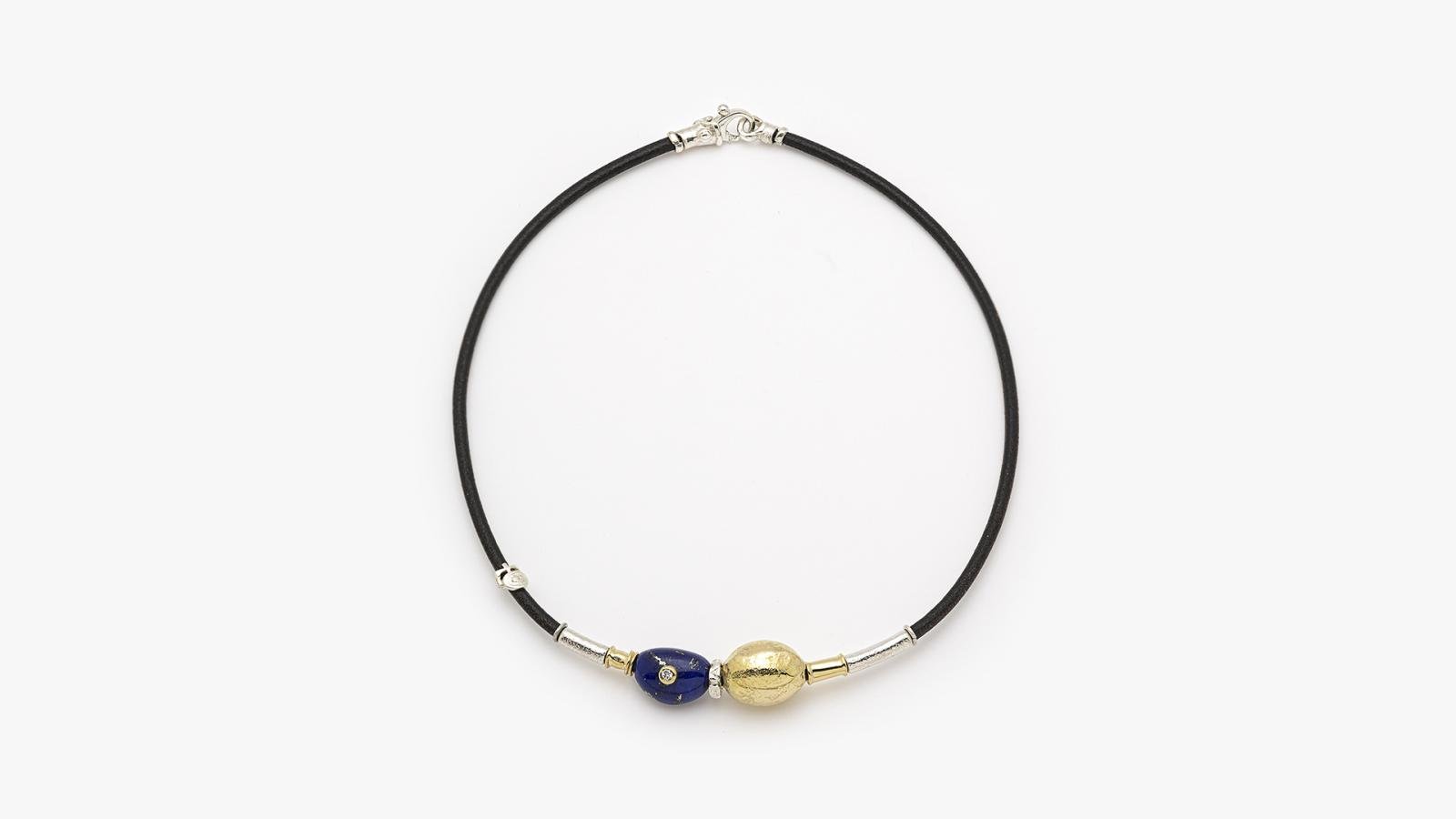 3MM LEATHER NECKLACE WITH HANDMADE 18K GOLD AND SILVER ELEMENTS WITH LAPIS AND DIAMONDS