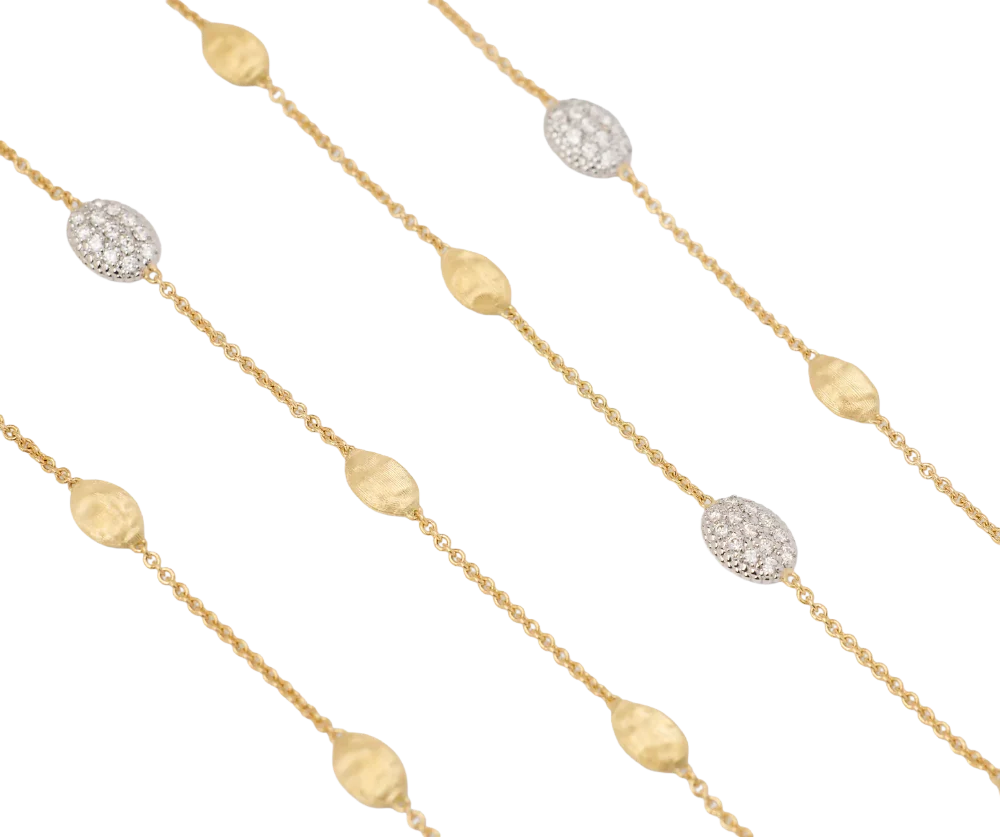 MARCO BICEGO SIVIGLIA 18K YELLOW AND WHITE GOLD 36 INCH SMALL BEAN LONG NECKLACE WITH DIAMOND ACCENTS 0.52TW