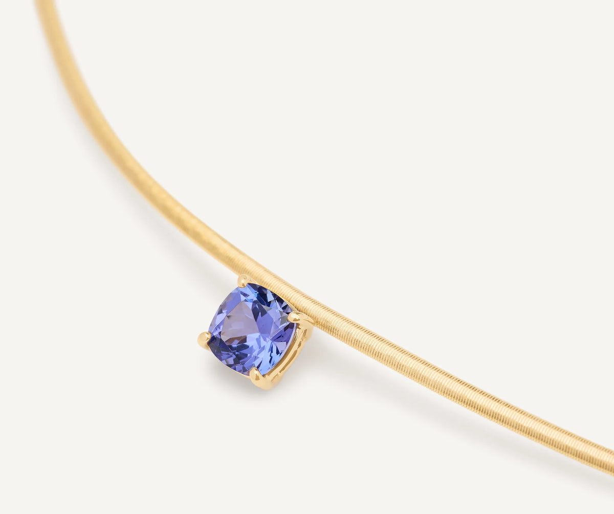 MARCO BICEGO MASAI 18K YELLOW GOLD FLAT COIL TWIST NECKPIECE WITH A CUSHION CUT TANZANITE