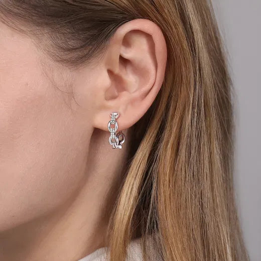 GABRIEL & CO STERLING SILVER WHITE SAPPHIRE BUJUKAN LINK CHAIN EARRINGS.