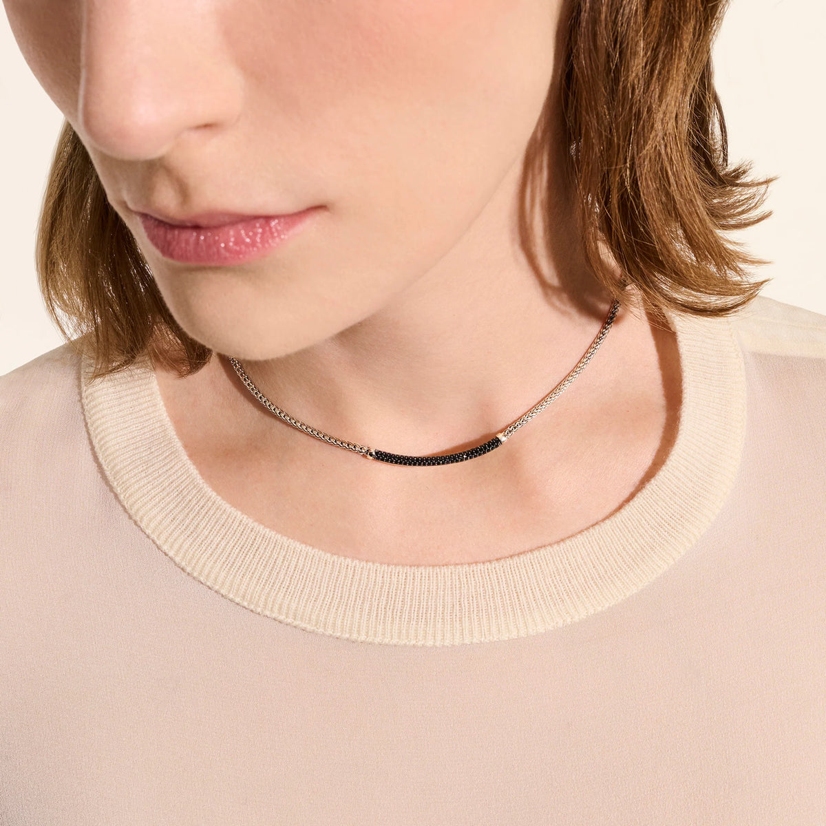 JOHN HARDY ESSENTIALS SILVER 2.5MM MINI CHAIN NECKLACE WITH TREATED BLACK SAPPHIRES, SIZE 16-18 ADJUSTABLE