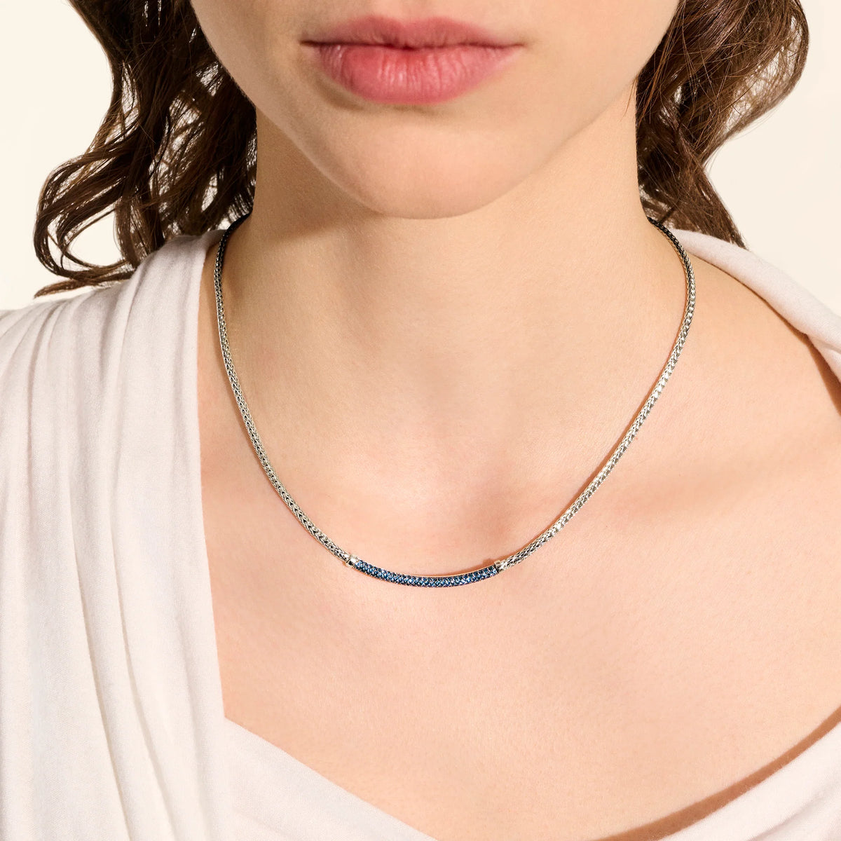 JOHN HARDY ESSENTIALS SILVER 2.5MM MINI CHAIN NECKLACE WITH BLUE SAPPHIRES, SIZE 16-18 ADJUSTABLE