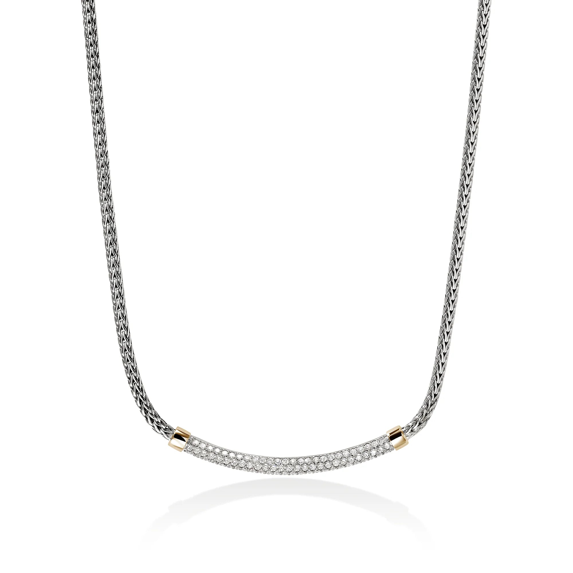 JOHN HARDY ESSENTIAL STERLING SILVER AND 14K YELLOW GOLD PAVE NECKLACE. NATURAL DIAMONDS 0.68CT TW.