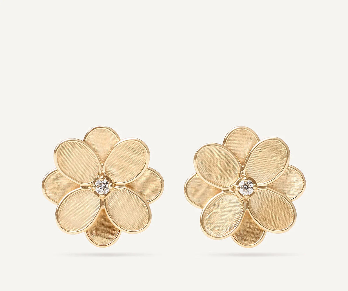 MARCO BICEGO PETALI 18K YELLOW GOLD FLOWER EARRINGS SET WITH A ROUND DIAMONDS 0.19TW