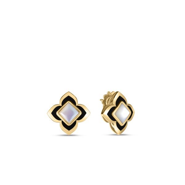 ROBERTO COIN 18K YELLOW GOLD PALAZZO DUCALE CARNEVALE BLACK ENAMEL & MOTHER OF PEARL FLOWER STUD EARRINGS