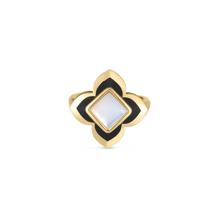18K YELLOW GOLD PALAZZO DUCALE CARNEVALE BLACK ENAMEL & MOTHER OF PEARL FLOWER RING