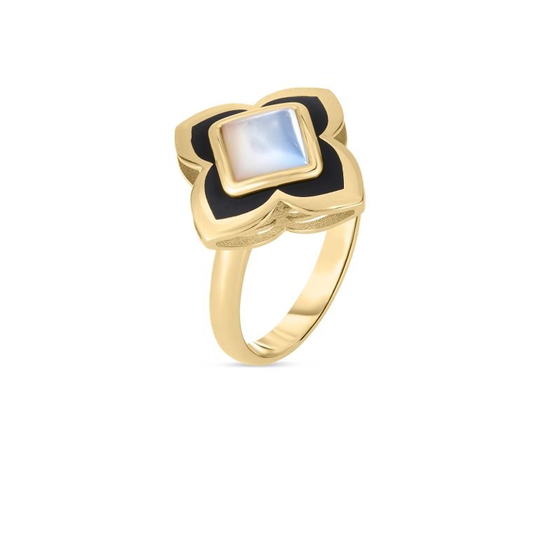 18K YELLOW GOLD PALAZZO DUCALE CARNEVALE BLACK ENAMEL & MOTHER OF PEARL FLOWER RING