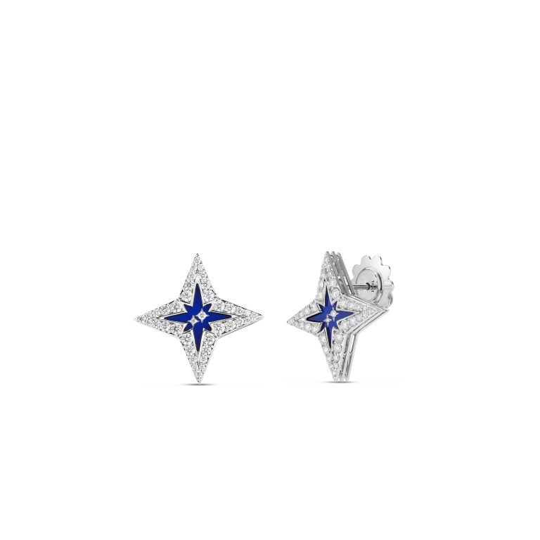 ROBERTO COIN 18K WHITE GOLD STARDUST SMALL PAVE DIAMOND & BLUE CERAMIC STAR STUD EARRINGS