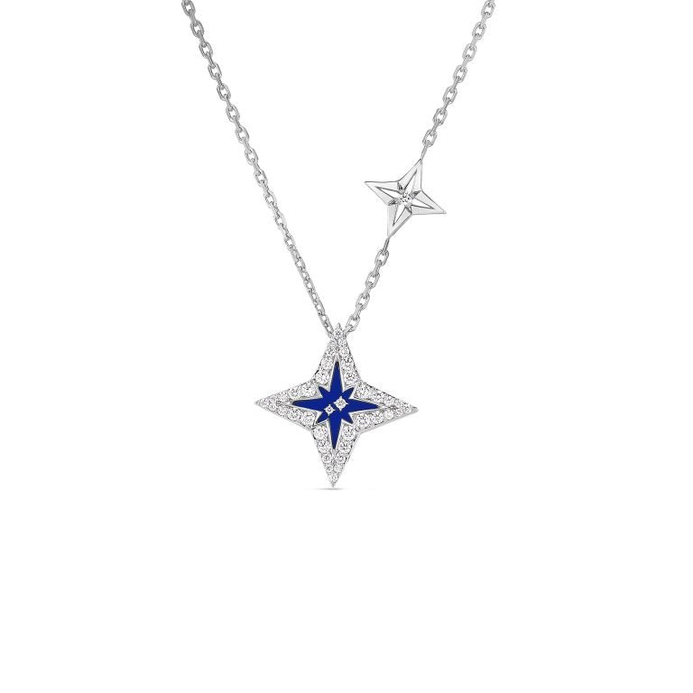 ROBERTO COIN 18K WHITE GOLD STARDUST SMALL PAVE DIAMOND & BLUE CERAMIC STAR NECKLACE
