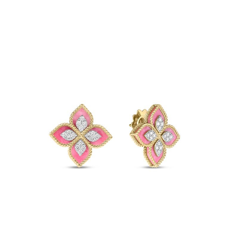 18K YELLOW/WHITE GOLD VENETIAN PRINCESS DIAMOND & RHODONITE FLOWER STUD EARRINGS