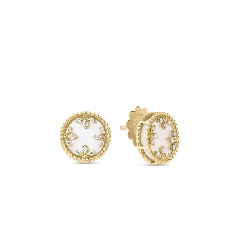 18K YELLOW GOLD COLORED MEDALLIONS SMALL DIAMOND AND MOTHER OF PEARL STUD EARRINGS