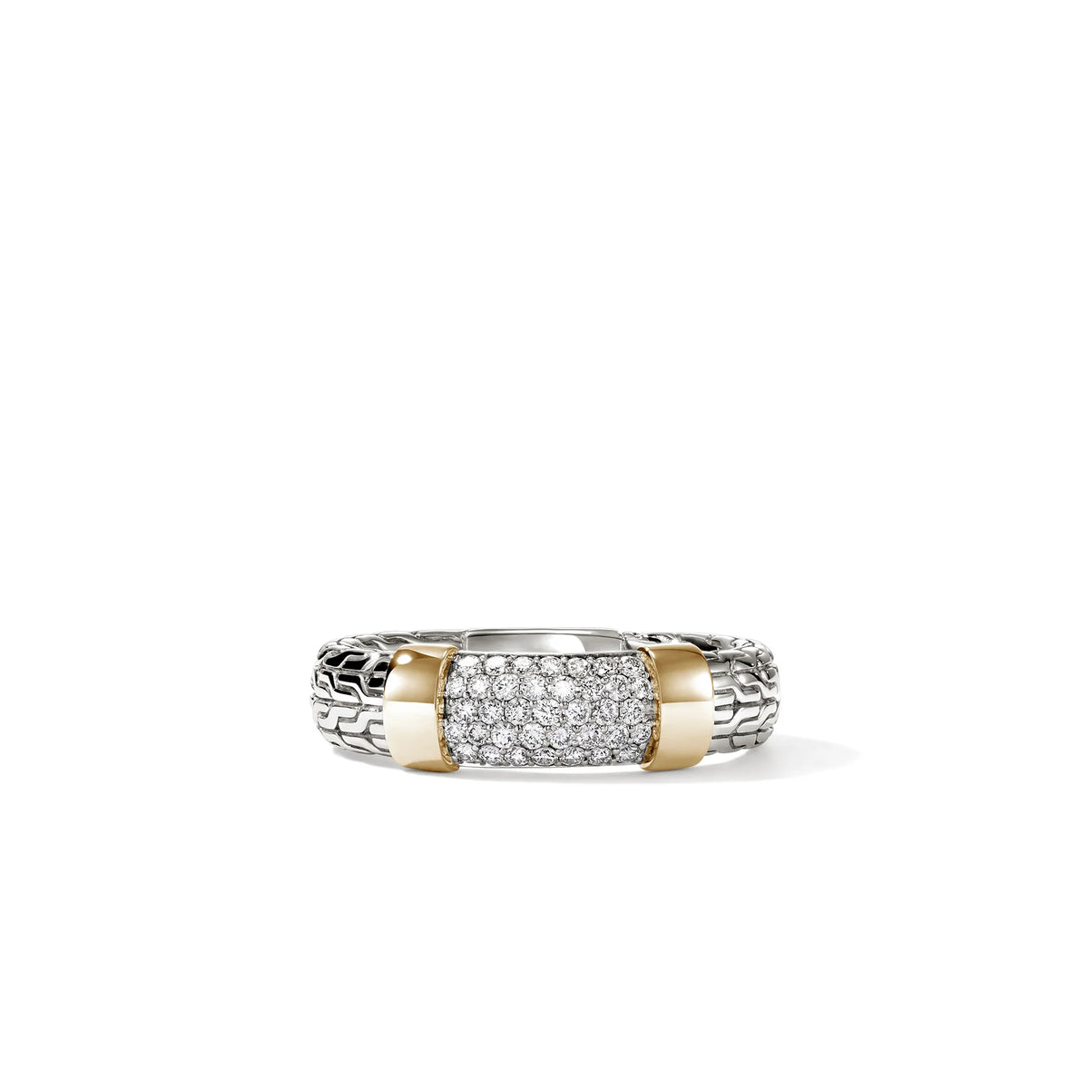 JOHN HARDY ESSENTIALS 14K YELLOW GOLD & SILVER DIAMOND PAVE (0.28CT) RING, SIZE 7
