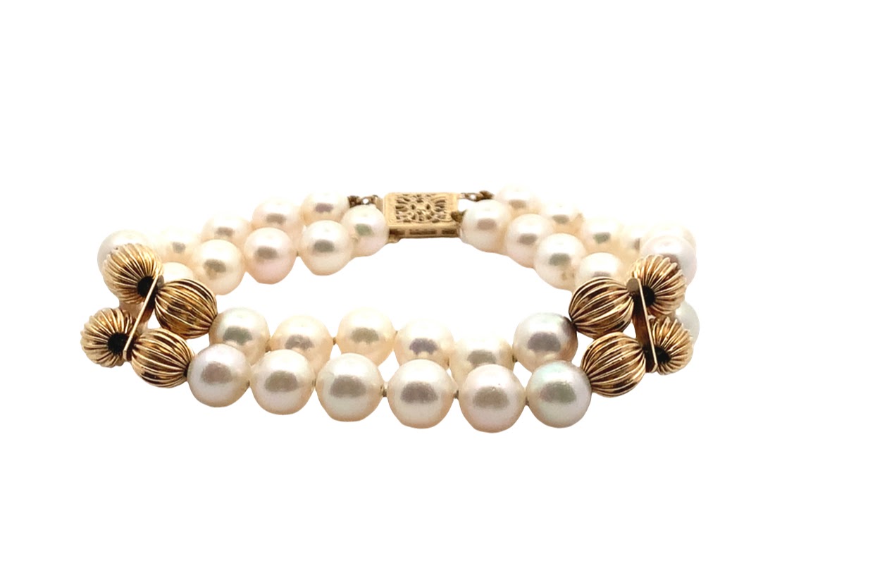 ESTATE COLLECTION: DOUBLE STRAND BRACELET WITH 7-7.5MM AKOYA PEARLS /14K YELLOW GOLD ROUND FLUTED BALL ACCENTS - REPLACEMENT VALUE $3000.00