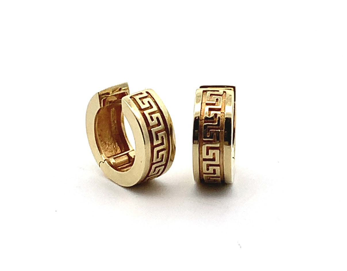 ESTATE COLLECTION: 14K YELLOW GOLD GREEK KEYS PATTERN HINGED HUGGIE HOOP EARRINGS - REPLACEMENT VALUE $3200.00