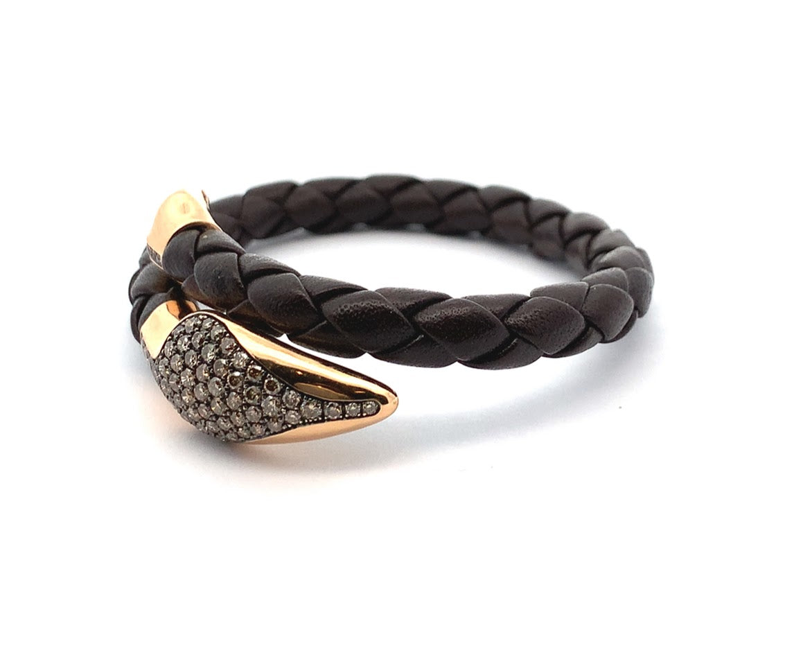 ESTATE COLLECTION: 18K ROSE GOLD BROWN LEATHER BRACELET WITH TWO DIAMOND PAVE STATIONS 1.50 CT ROUND BROWN BRILLIANT DIAMONDS - REPLACEMENT VALUE $6100.00