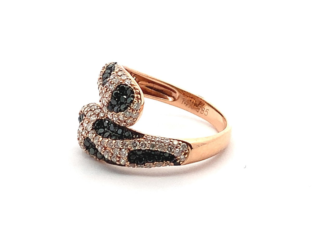 ESTATE COLLECTION: 14K ROSE GOLD ASYMETRIC STYLE RING, SET WITH PAVE WHITE AND BLACK DIAMONDS 1.33 CARATS - REPLACEMENT VALUE $3150.00