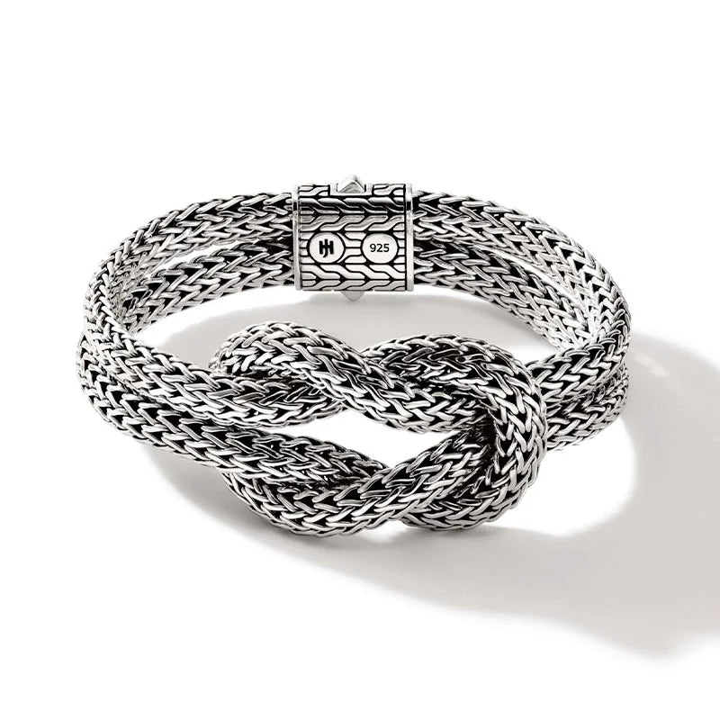 JOHN HARDY STERLING SILVER 6.5MM DOUBLE CHAIN LOVE KNOT BRACELET WITH PUSHER CLASP; SIZE MEDIUM