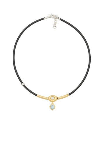 LEATHER NECKLACE WITH 18K GOLD NUGGET, DIAMOND AND MILKY CABOCHON AQUAMARINE