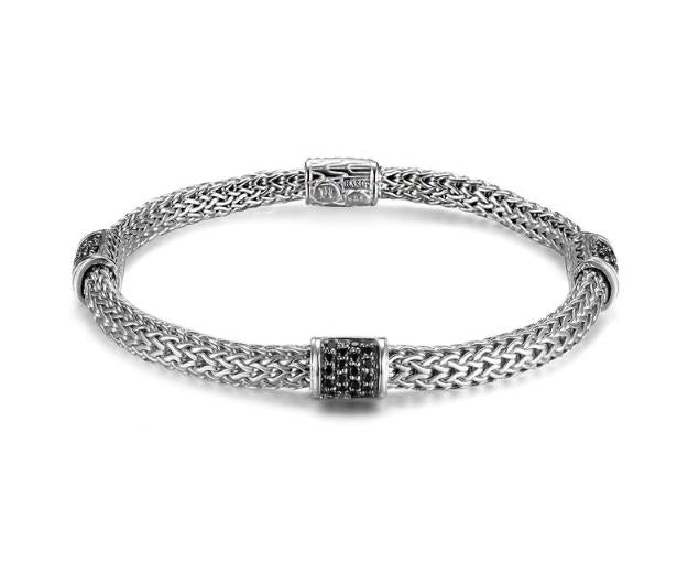 JOHN HARDY WOMENS CLASSIC CHAIN STERLING SILVER LAVA FOUR STATION BRACELET 5MM WITH BLACK SAPPHIRES - SIZE MEDIUM
