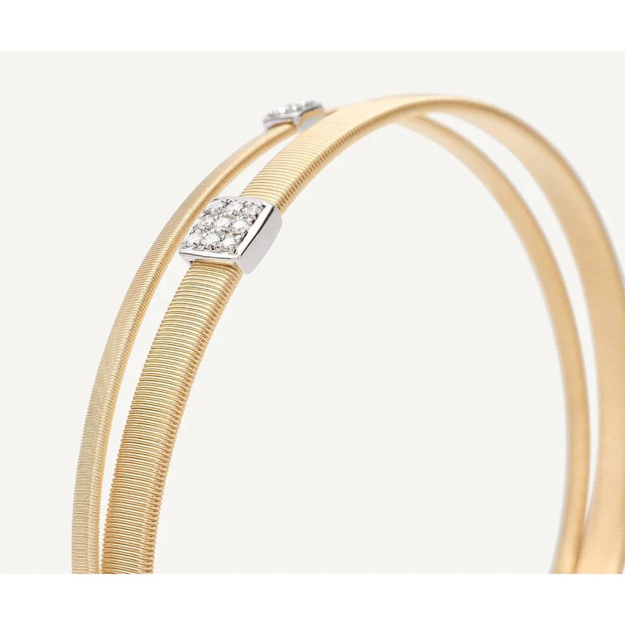 MARCO BICEGO MASAI 18K YELLOW GOLD DOUBLE STRAND BRACELET WITH TWO PAVE DIAMOND STATIONS 0.10 TW