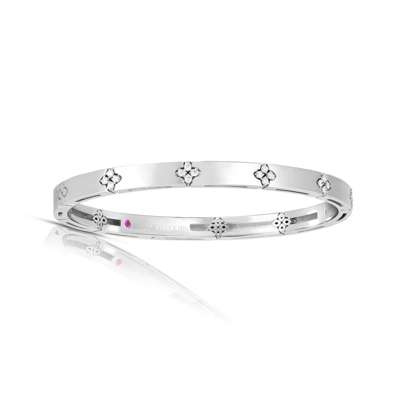 ROBERTO COIN 18K WHITE GOLD AND DIAMOND LOVE IN VERONA PETITE BANGLE WITH DIAMONDS MEASURING 0.15 TOTAL CARAT