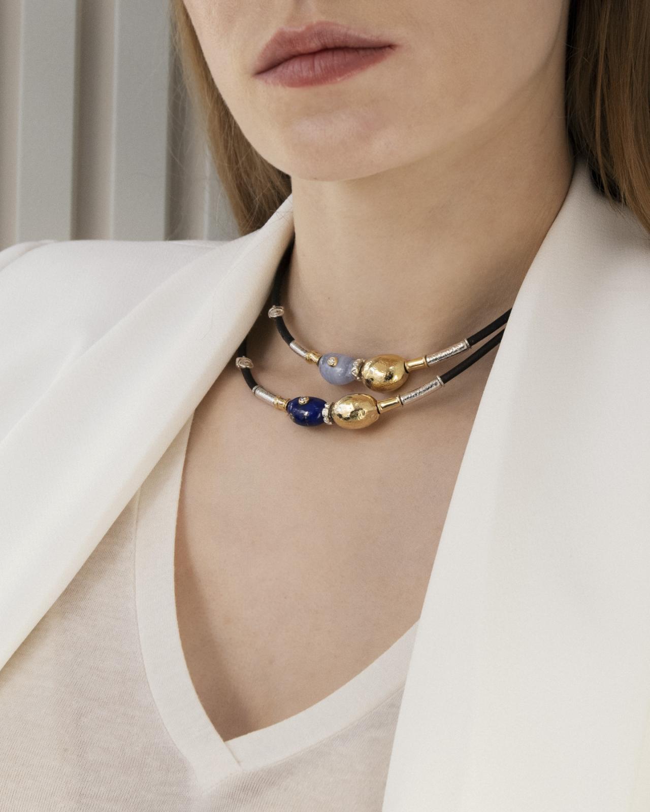 3MM LEATHER NECKLACE WITH HANDMADE 18K GOLD AND SILVER ELEMENTS WITH LAPIS AND DIAMONDS
