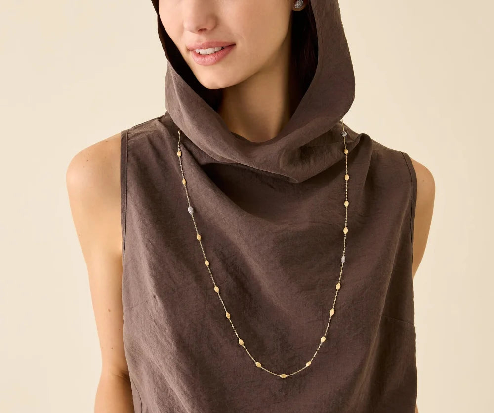 MARCO BICEGO SIVIGLIA 18K YELLOW AND WHITE GOLD 36 INCH SMALL BEAN LONG NECKLACE WITH DIAMOND ACCENTS 0.52TW
