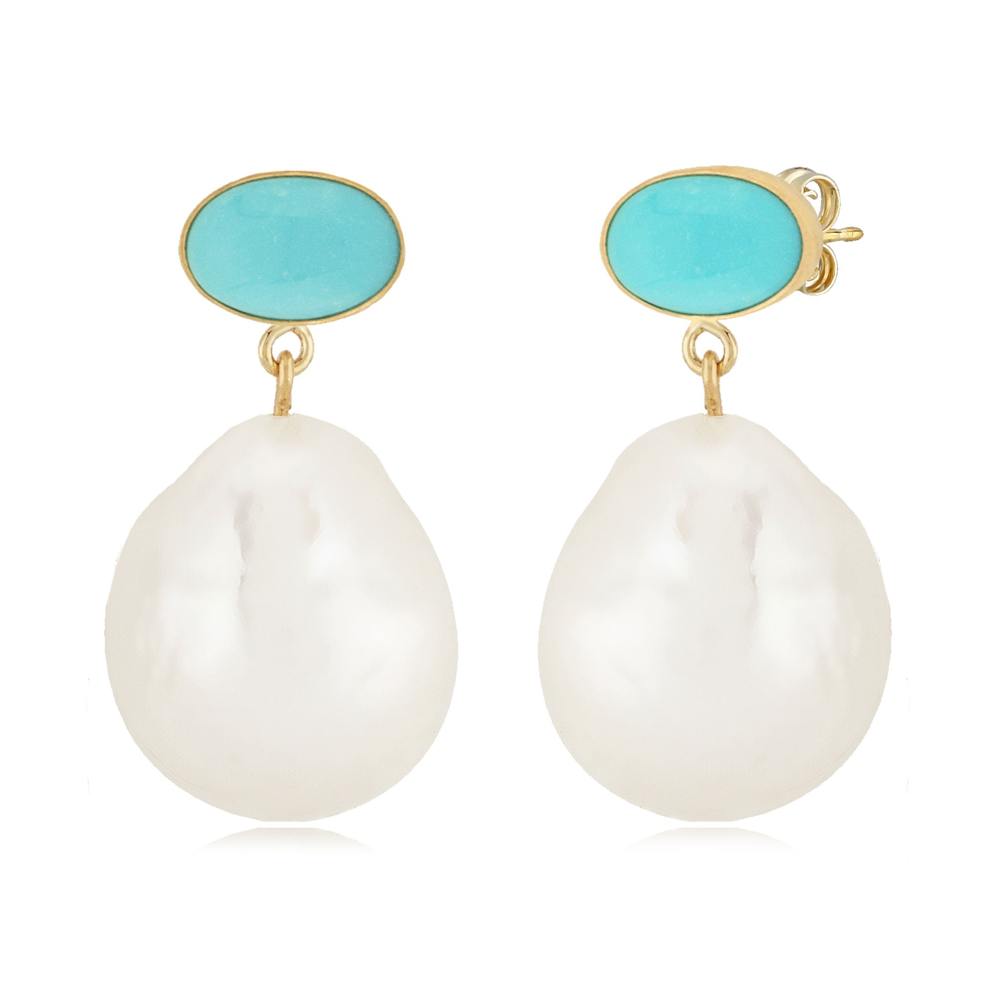 CARLA 14K YELLOW GOLD EARRINGS WITH 6X4 TURQUOISE STONE WITH BAROQUE PEARL