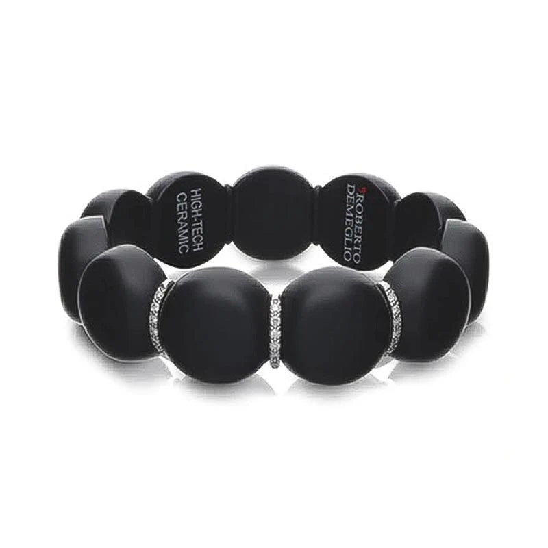 ROBERTO DEMEGLIO DAMA BLACK MATTE LARGE CERAMIC BEAD BRACELET WITH 3 WHITE GOLD/WHITE DIAMOND BARS