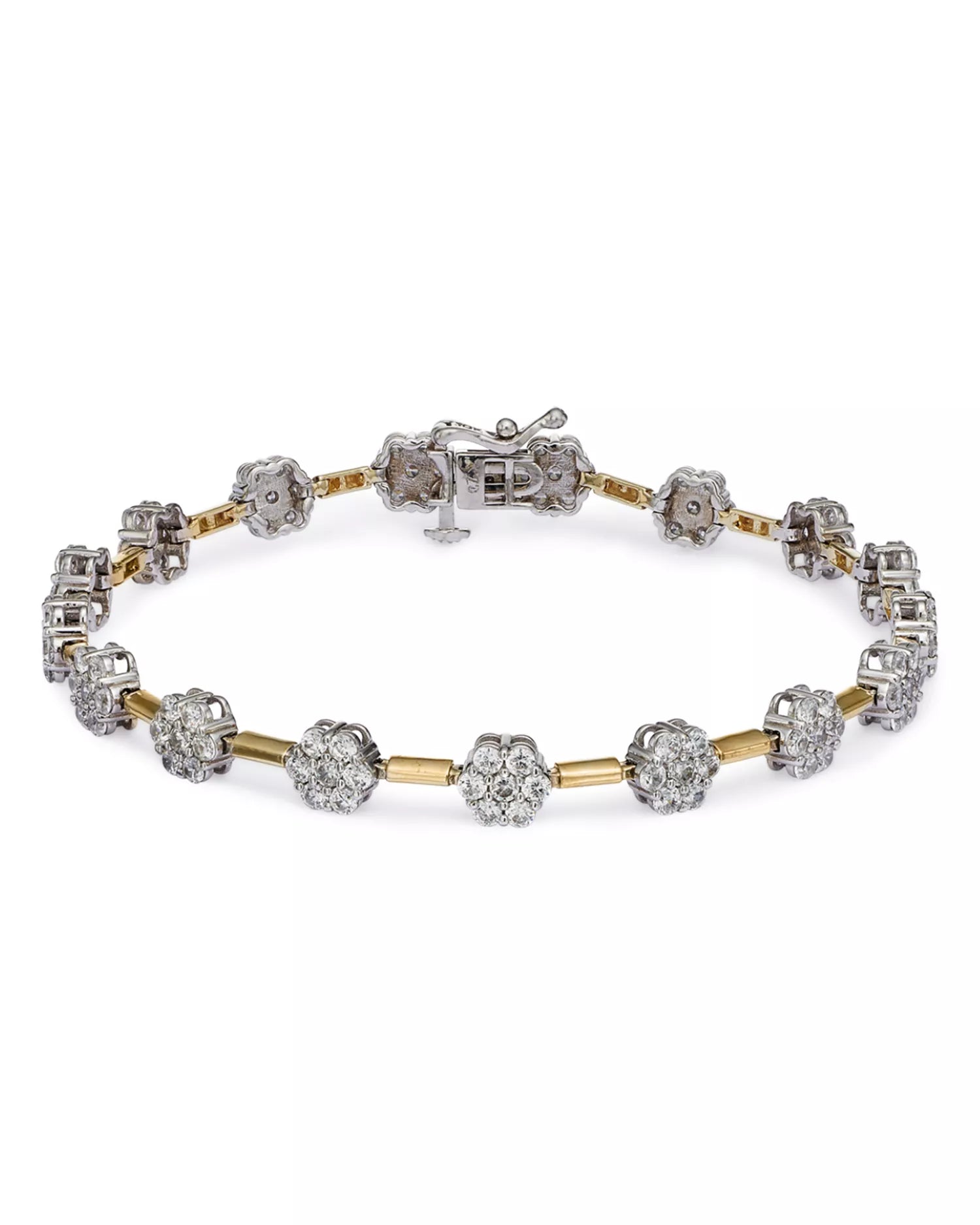 14K YELLOW/WHITE GOLD FLOWER CLUSTER DIAMOND LINE BRACELET 3.75 CT, H COLOR