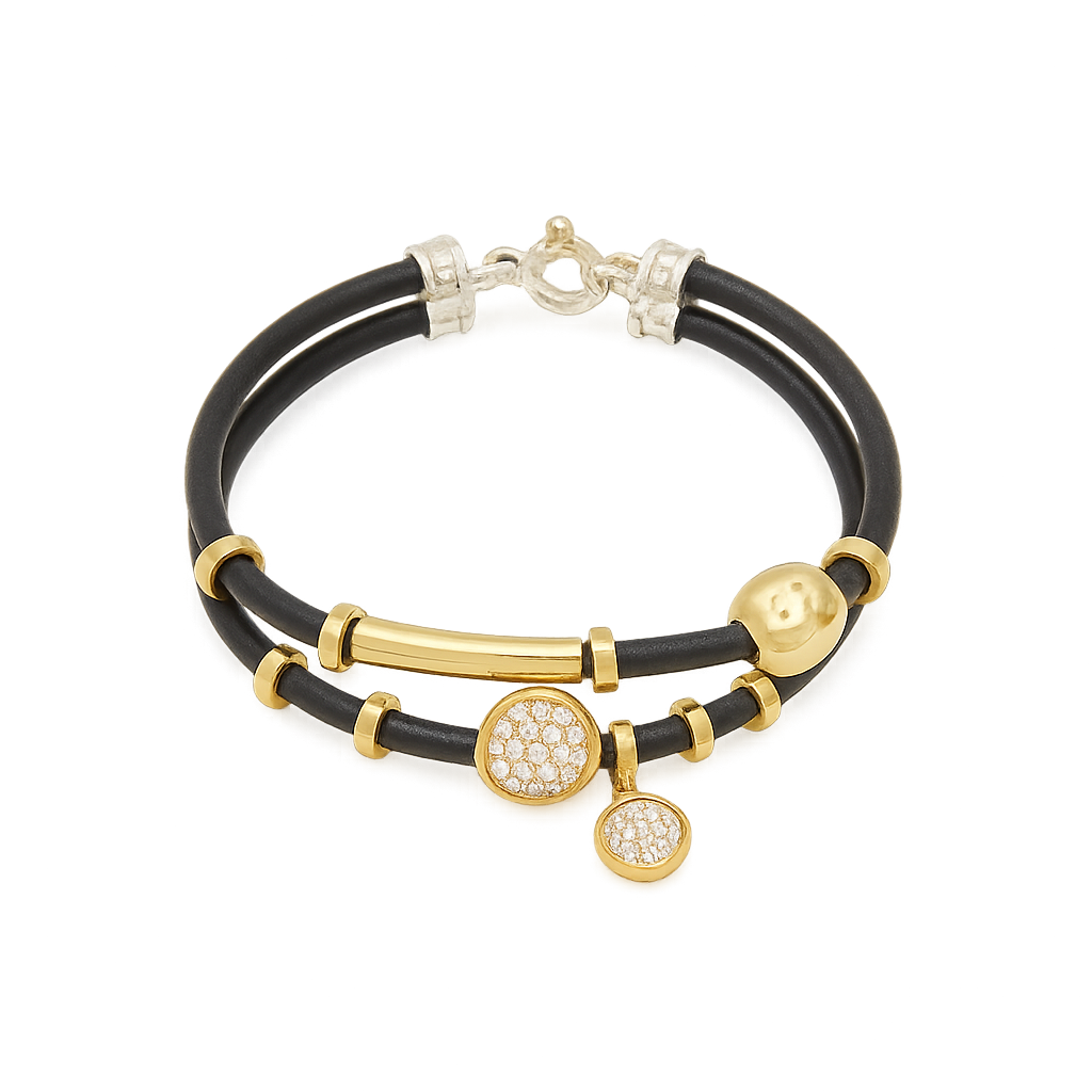 DOUBLE LEATHER BRACELET WITH HANDMADE 18K GOLD AND SILVER ELEMENTS, PAVE DIAMONDS
