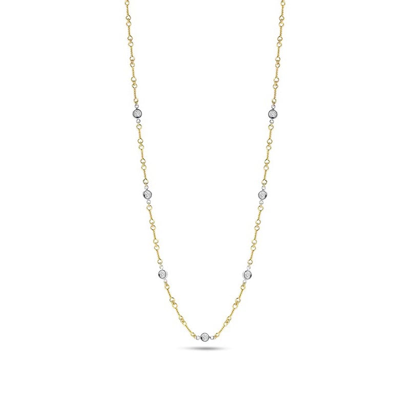 Roberto Coin 18KT Yellow and White Gold Diamond By The Inch Dog Bone Chain Necklace With 7 Diamond Stations