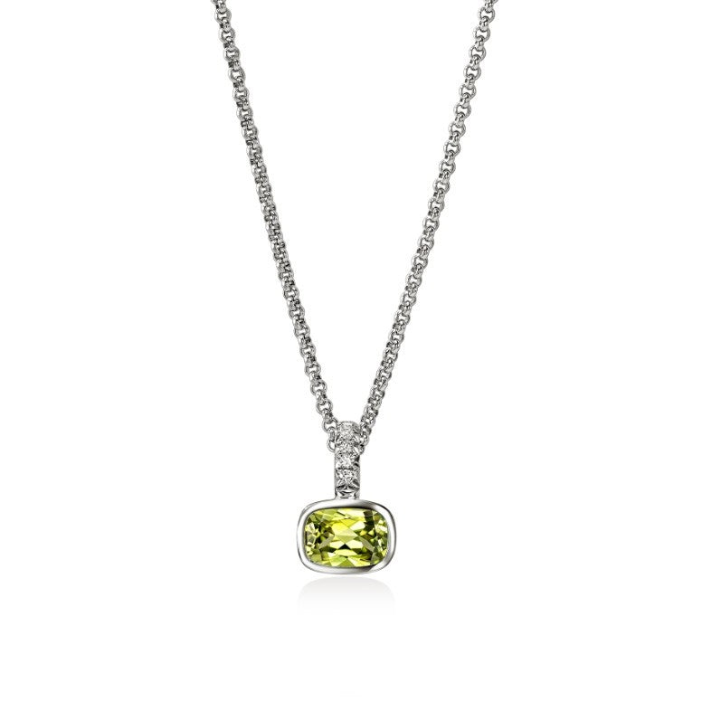 JOHN HARDY HESHI STERLING SILVER DIAMOND PAVE 0.04CT TW WITH 7X5 PERIDOT PENDANT ON A 1.5MM ROLO CHAIN
