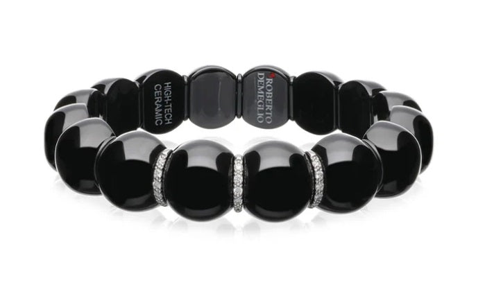 ROBERTO DEMEGLIO DAMA BLACK CERAMIC BEADED STRETCH BRACELET WITH DIAMONDS