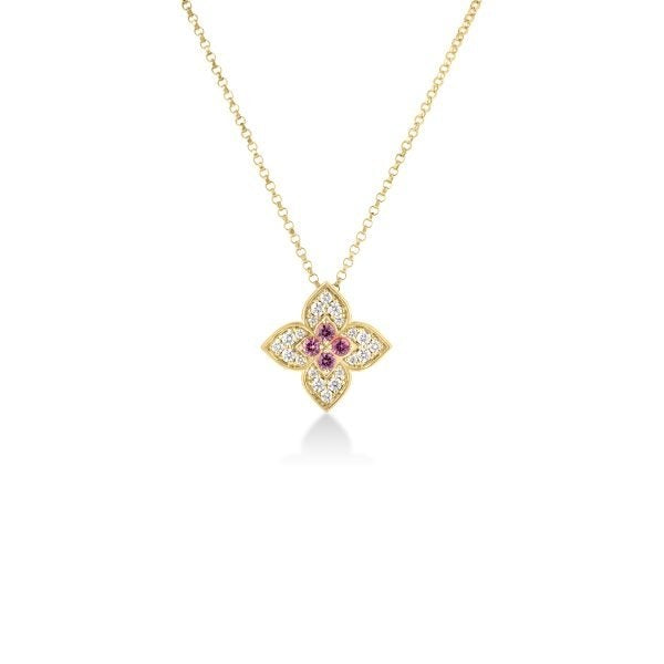 ROBERTO COIN 18K YELLOW GOLD VENETIAN PRINCESS CARNIVAL DIAMOND 0.18 TW & RUBELLITE 0.10 TW MEDIUM FLOWER NECKLACE.