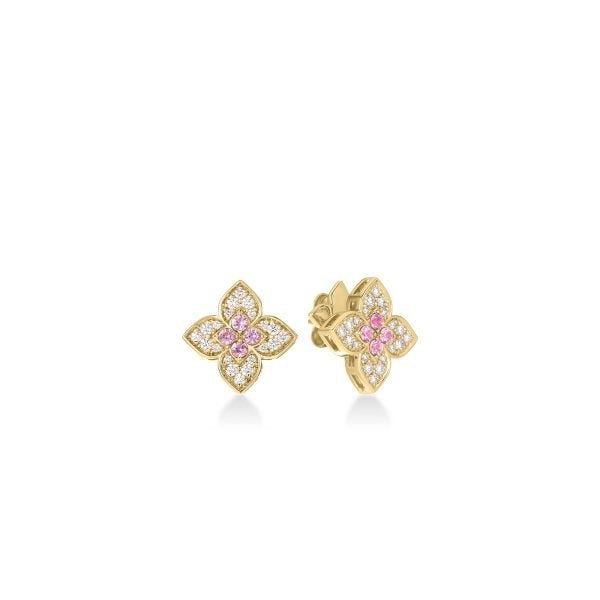 ROBERTO COIN 18K YELLOW GOLD VENETIAN PRINCESS CARNIVAL DIAMOND 0.38 TW & RUBELLITE 0.25 TW MEDIUM FLOWER STUD EARRINGS