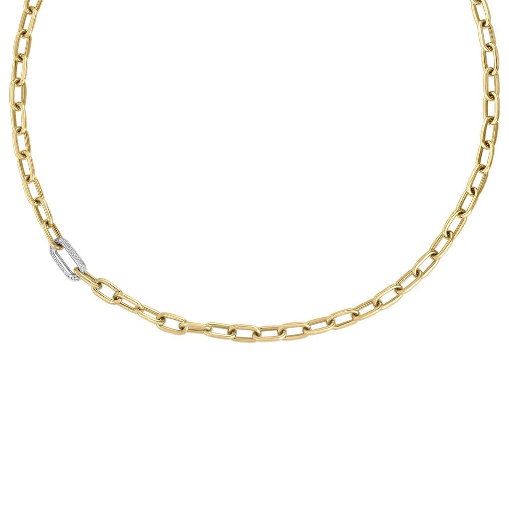 ROBERTO COIN 18K YELLOW AND WHITE GOLD DESIGNER PAPER CLIP NECKLACE WITH DIAMOND LINK 0.25 TW.