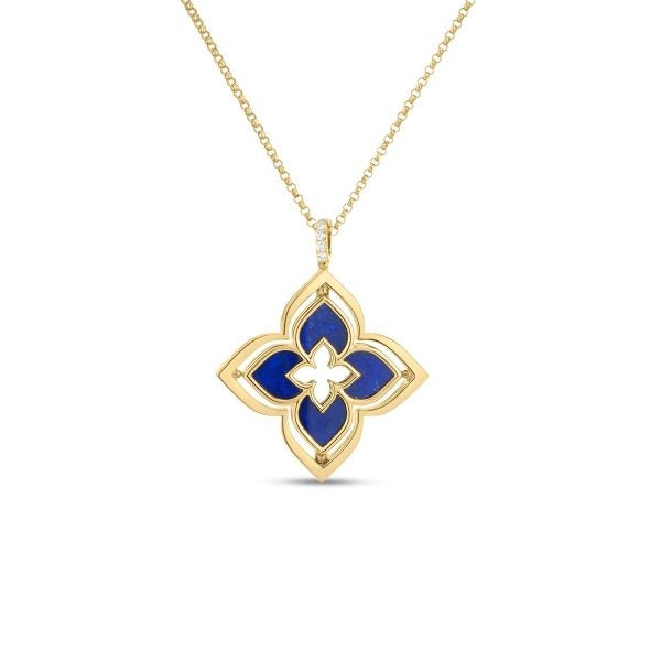 ROBERTO COIN 18K YELLOW GOLD VENETIAN PRINCESS PIROUETTE DIAMOND (0.12 TW) & LAPIS FLOWER NECKLACE