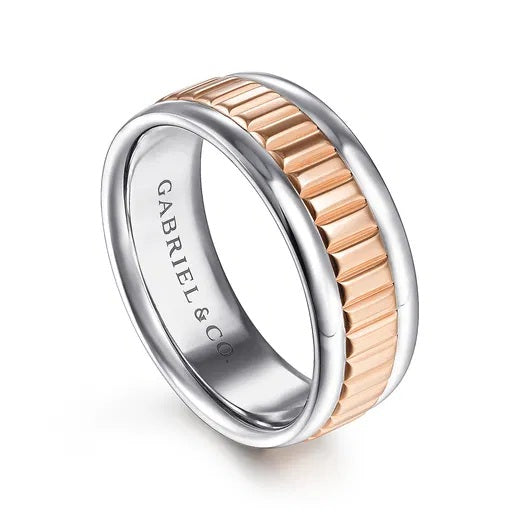 ALLAN-14K WHITE-ROSE GOLD 8MM- TWO TONE CARVED MEN'S WEDDING BAND IN HIGH POLISH FINISH