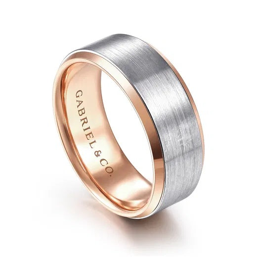 ALEXANDER-14K WHITE-ROSE GOLD 8MM- TWO TONE BEVELED EDGE MEN'S WEDDING BAND IN SATIN FINISH