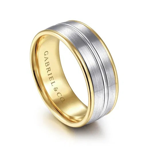 BEAUX-14K WHITE-YELLOW GOLD 8MM-TWO TONE MEN'S WEDDING BAND IN SATIN FINISH
